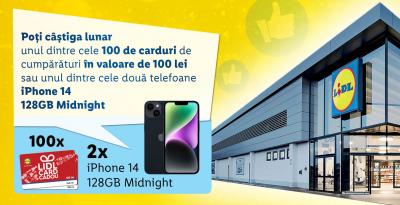 Concurs: Castiga 24 telefoane mobile Apple iPhone 14 128GB 5G Midnight sau unul dintre cele 1.200 vouchere de cumparaturi Lidl in valoare de 100 de lei fiecare!