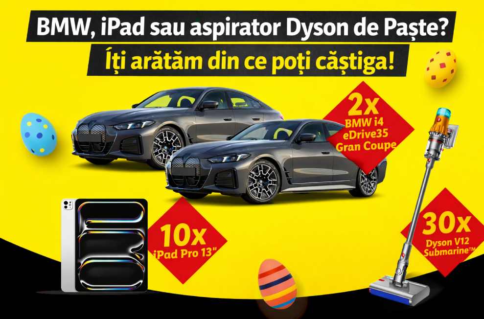 Concurs: Castiga una dintre cele doua masini electrice BMW i4 eDrive35 Gran Coupe, una dintre cele zece tablete Apple iPad Pro 13 M5 sau una dintre cele treizeci de aspiratoare verticale Dyson V12 Submarine!