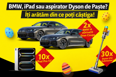 Concurs: Castiga una dintre cele doua masini electrice BMW i4 eDrive35 Gran Coupe, una dintre cele zece tablete Apple iPad Pro 13 M5 sau una dintre cele treizeci de aspiratoare verticale Dyson V12 Submarine!