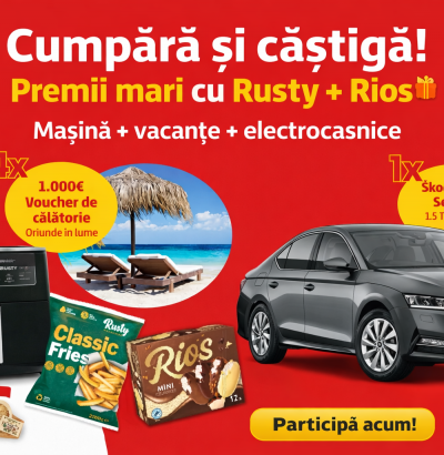 Concurs: Câștigă o mașină Skoda Octavia + vouchere de 1.000 euro și friteuze cu Rusty & Rios!