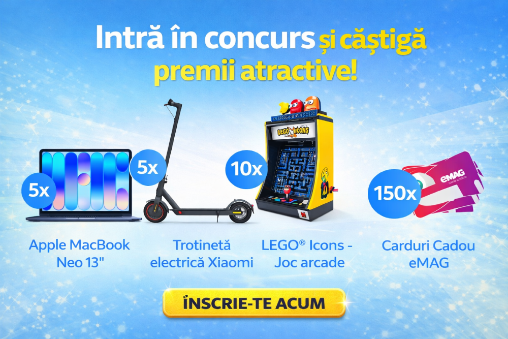 Concurs: Câștigă 5 laptopuri Apple MacBook Neo 13, 5 trotinete electrice Xiaomi, 10 jocuri Lego Iconis si 150 carduri cadou eMAG!
