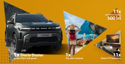 Concurs: Castiga o masina Dacia Duster model 2024, full option, un voucher de vacanta in valoare de 4.000 euro, 11 televizoare Samsung Smart si 11 vouchere Lensa in valoare de 500 lei fiecare!